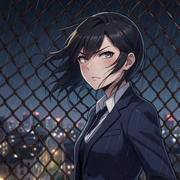 A young woman pressed against a rusted chain-link fence, looking defiant.