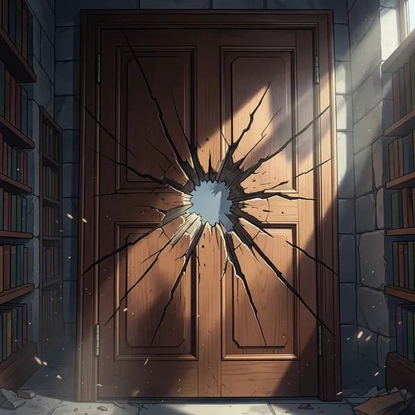A heavy, ornate mahogany door with deep, splintered cracks radiating from a point of violent impact.