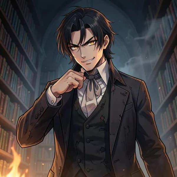 A tall, imposing man with a jagged scar on his cheek, standing in a predatory posture.