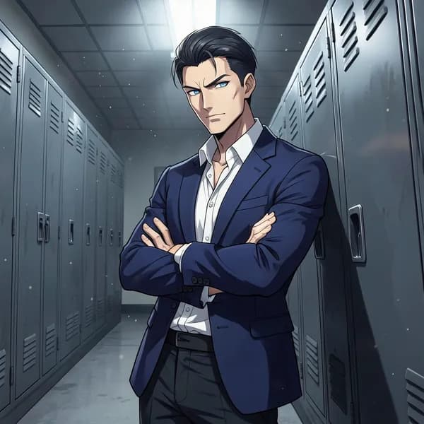 A tall, athletic young man in a tailored blazer leans against lockers in a dim room, looking menacing and arrogant.