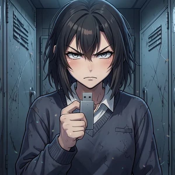 A young woman with a defiant expression holds a small silver flash drive, looking ready to fight back.