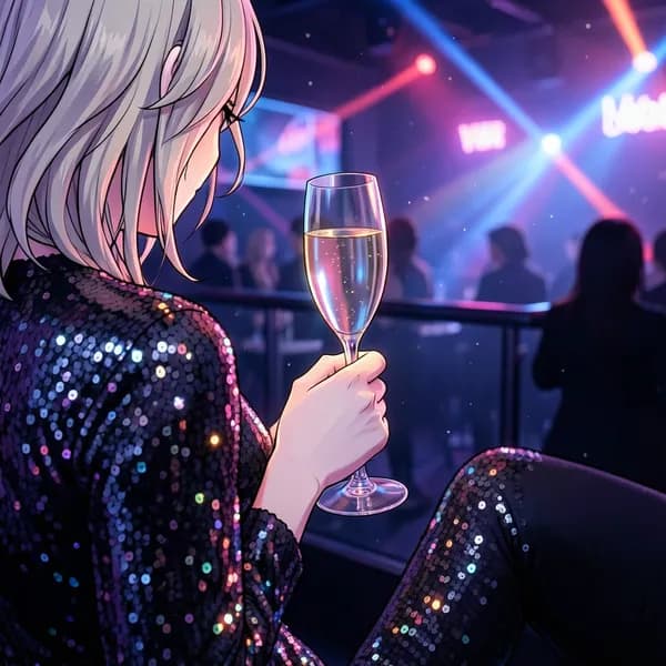 A close-up of a woman's hand gripping a crystal flute, her knuckles white with tension, wearing a sequined dress.