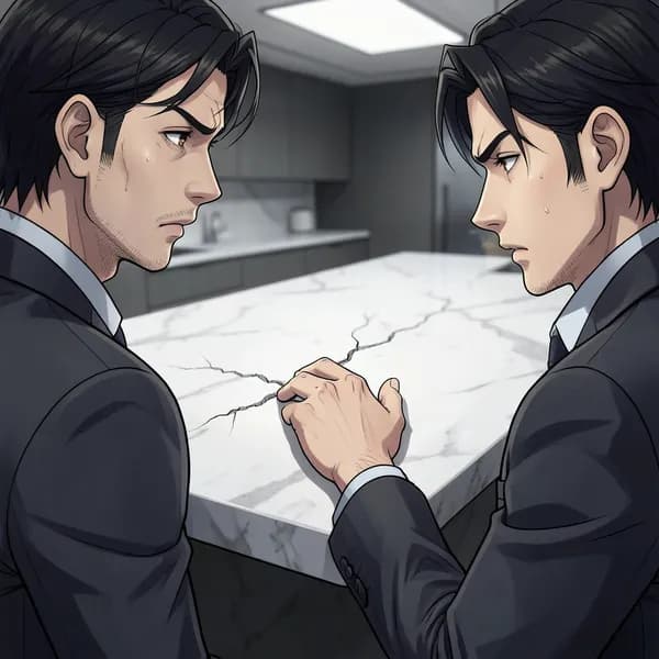 A man in a tailored suit touching a hairline crack in a marble kitchen island, looking weary and detached.