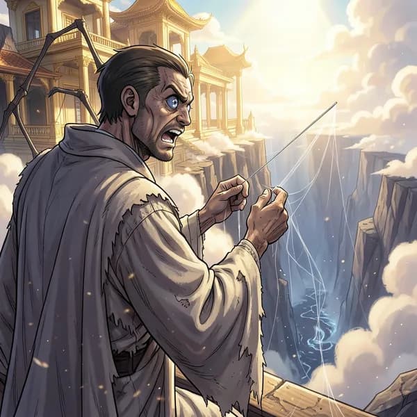 A small, spindly spider-like creature in silk robes trembles on the edge of a golden cloud.