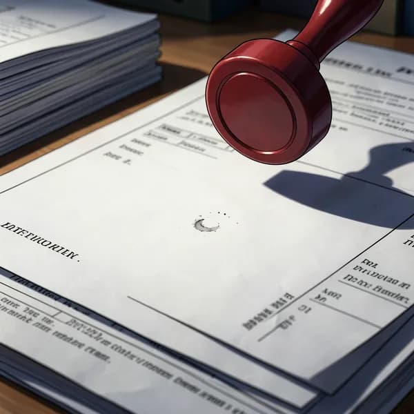 A close-up of a bureaucratic document featuring a tiny, misplaced ink speck, with a heavy red stamp looming above.