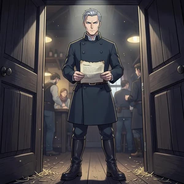 A stern bailiff stands in a tavern doorway holding a legal parchment, looking humorless and cold.