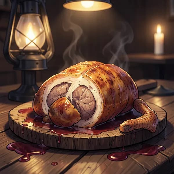 A half-eaten roasted capon on a rough-hewn wooden platter with glistening grease and a discarded wing.