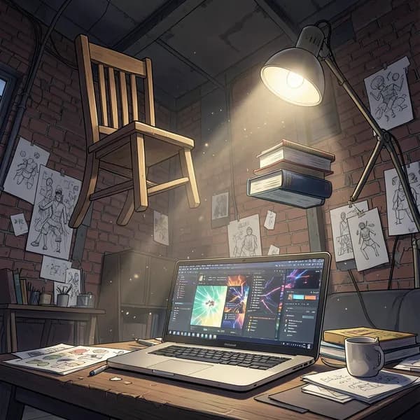 Furniture floating in a messy apartment, rotating in mid-air.