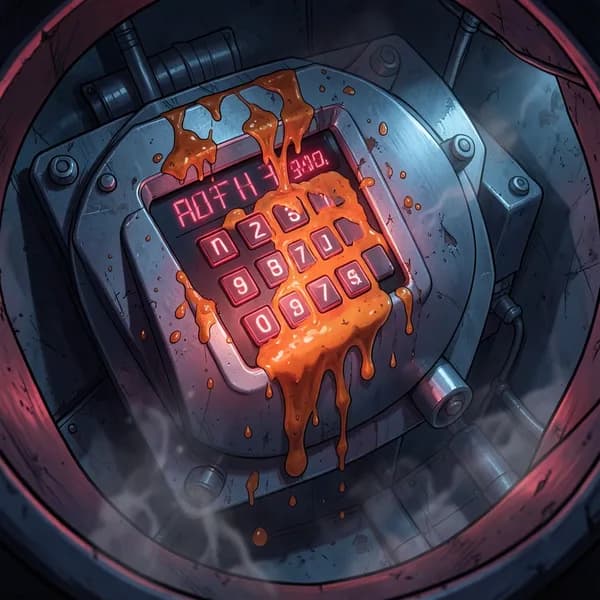 A close-up of a high-tech digital keypad on a vault door, splattered with neon-orange salsa.
