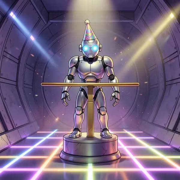 A security robot wearing a party hat standing in a vault with strobe lights.
