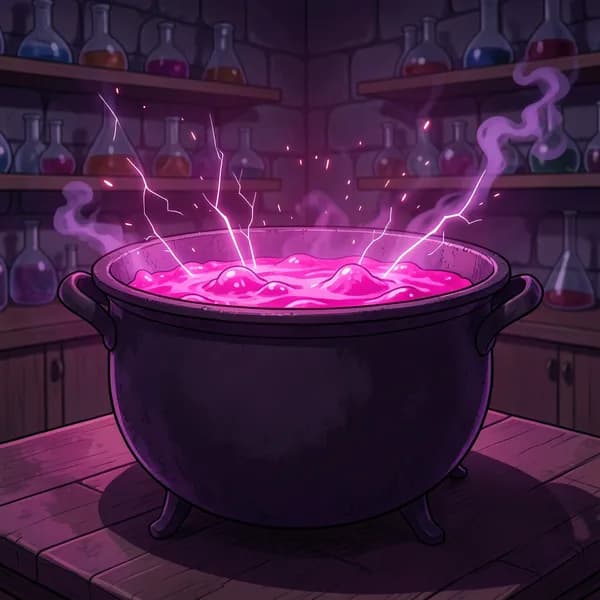 A bubbling cast-iron cauldron filled with glowing neon magenta potion and crackling magical sparks.