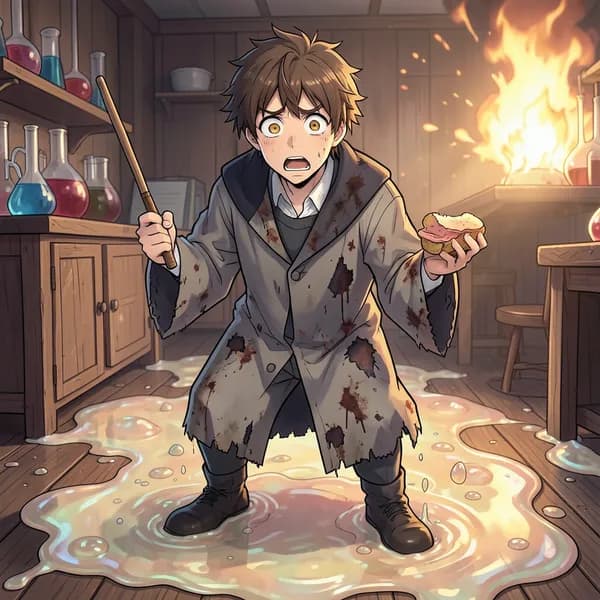 A panicked student in tattered robes standing on a floor that is turning into soft, glowing pudding.