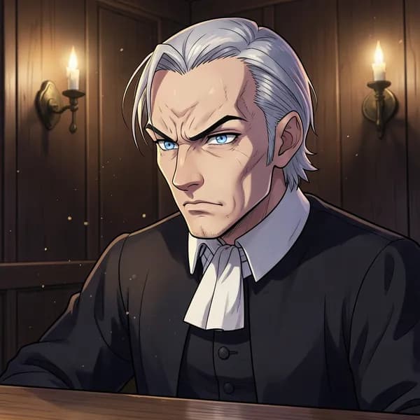 An elderly man with mutton-chop sideburns and a stern, suspicious expression looking off-camera.