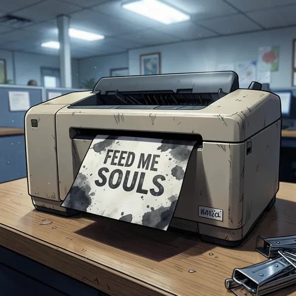 A close-up of a beige office printer on a desk, spitting out a paper that says FEED ME SOULS.