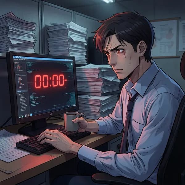 A tired office worker staring at a countdown clock on a computer screen in a dark cubicle.
