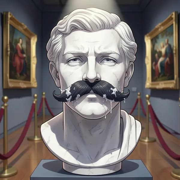 A classical white marble Roman bust wearing a ridiculous, oversized handlebar mustache stuck on with messy glue.