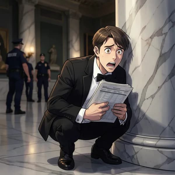 A man in a tuxedo crouching behind a marble pillar, looking panicked.