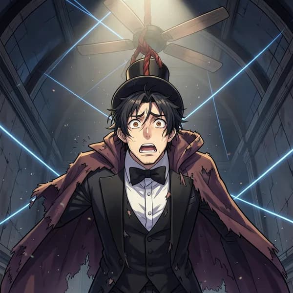 A disgraced magician dangling upside down from a ceiling fan in a high-tech vault.