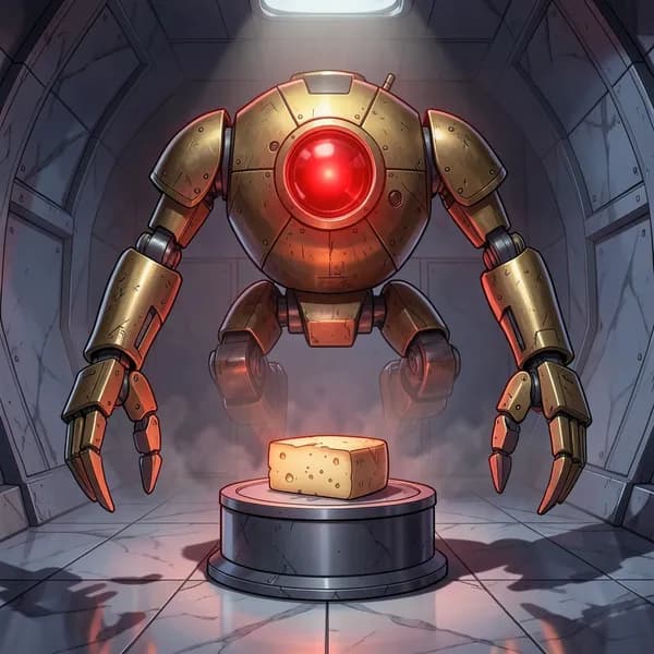 A judgmental, retro-futuristic robot hovering in a dark vault.