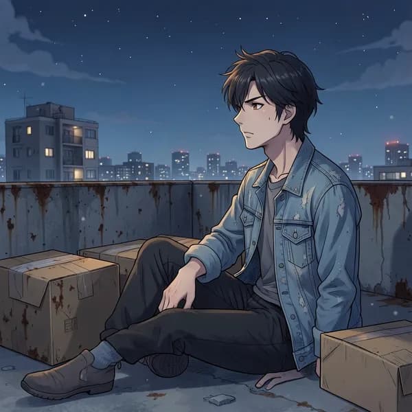 A young man sits on a rooftop surrounded by cardboard boxes, looking out at the city lights.