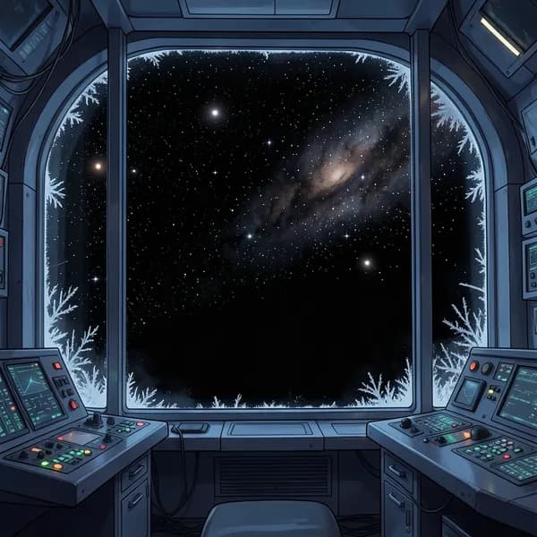 A view through a large observatory window showing the night sky where stars are vanishing into a creeping, silent void.