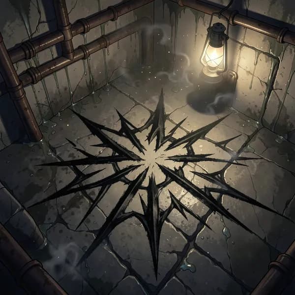 A jagged, complex sigil drawn in thick black charcoal on a damp, uneven stone floor in a dark basement.