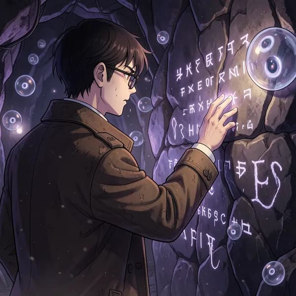 A man in 1920s attire touches a wall of alien glyphs while floating spheres of liquid hover nearby.