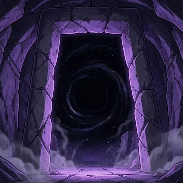 A massive stone doorway unfolding like bruised skin, revealing an infinite, dark void.