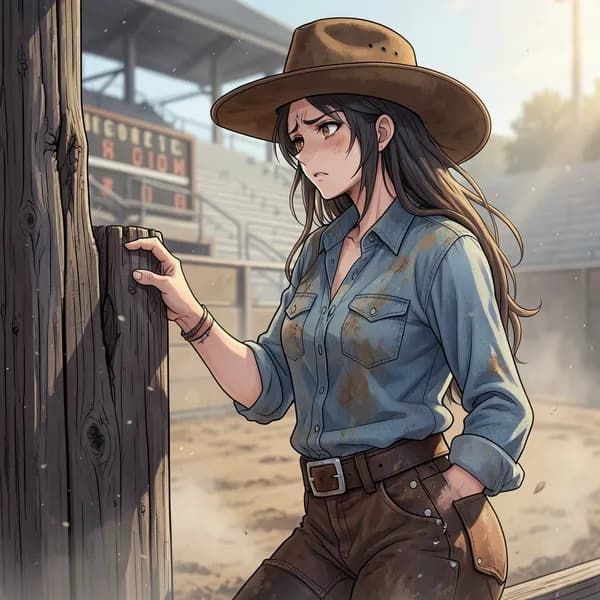 A weary female rider in leather chaps leans against a wooden fence, looking at a rodeo scoreboard.