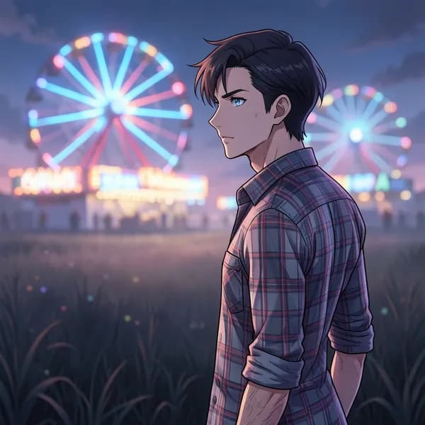 A rugged man with calloused hands looks toward the shimmering neon lights of a distant carnival.