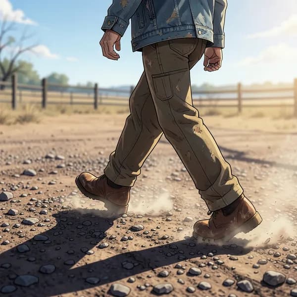 A rugged man in a denim jacket walking across gravel, casting a long, imposing shadow.