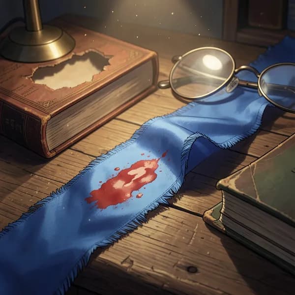 A close-up of a frayed piece of blue silk ribbon with a smudge of red ink on a wooden desk.