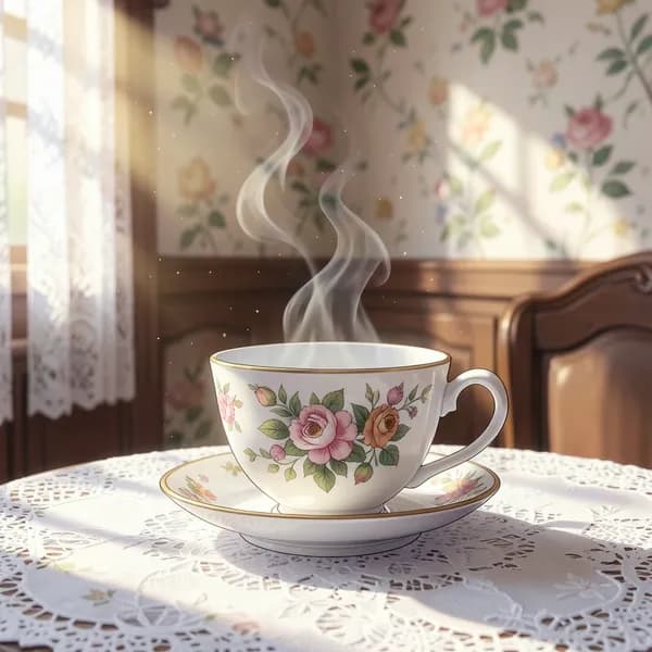 A delicate porcelain teacup with floral patterns sits on a lace tablecloth, steam rising in a sunlit tea room.