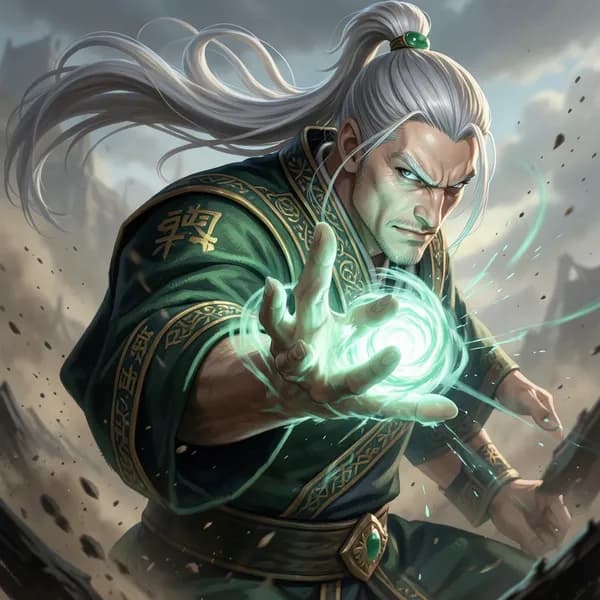 An elderly cultivator lunges forward with a glowing jade palm strike, surrounded by swirling energy.