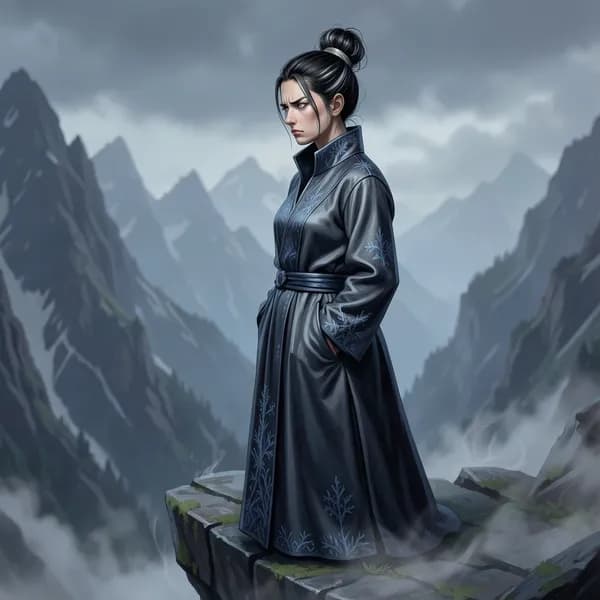 An elegant, stern woman standing on a rocky outcrop, observing the scene with cold, detached eyes.