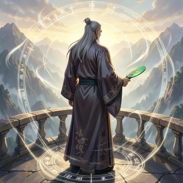 An elderly man in elegant, flowing sect robes stands on a high stone balcony, holding a jade fan and looking down with a stern, judgmental expression.