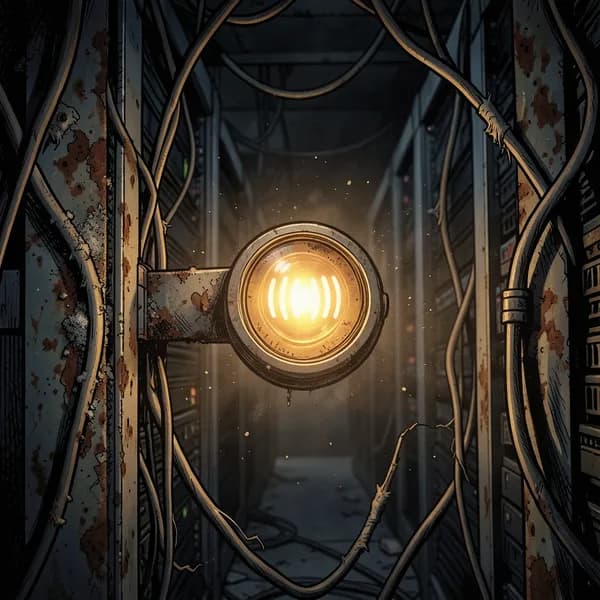 A close-up of a blinking amber LED on a rusted server rack in a dark, abandoned room.