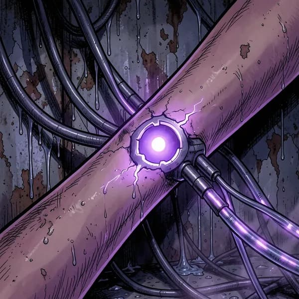 A close-up of a human forearm with a jagged, violet-glowing interface port embedded in the skin, with fiber-optic cables snaking out.
