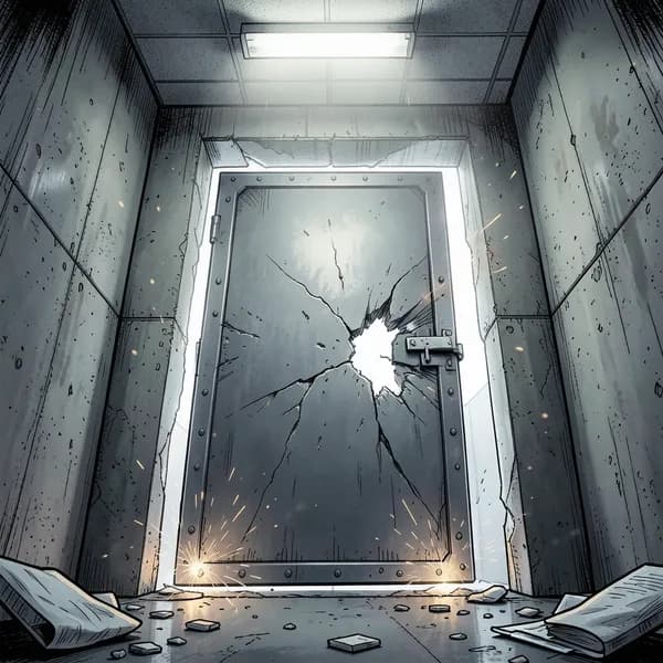 A heavy, reinforced steel door to a basement clinic, dented inward by a massive impact, sparks flying from the hinges.