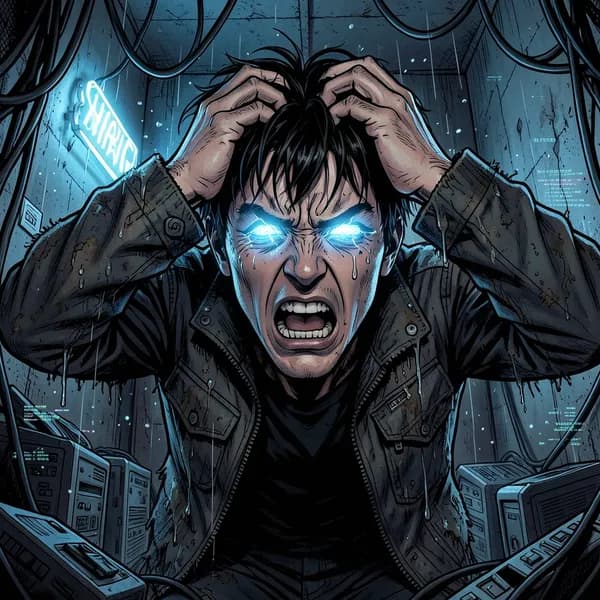A man in a dark basement clutching his head in agony as his eyes glow with digital data.