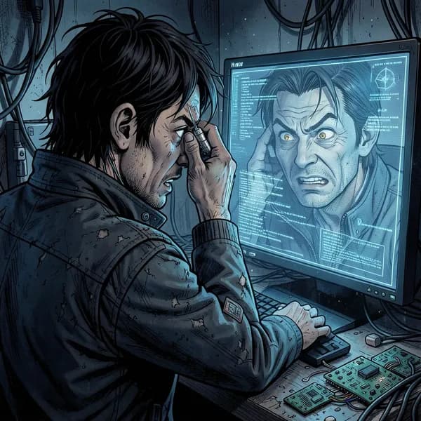 A disheveled neuro-engineer sits at a terminal, clutching his head as his reflection in the monitor glitches with a distorted expression.