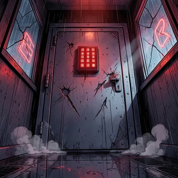 A heavy, reinforced laboratory door with glowing red electronic locks, showing signs of impact from the outside.