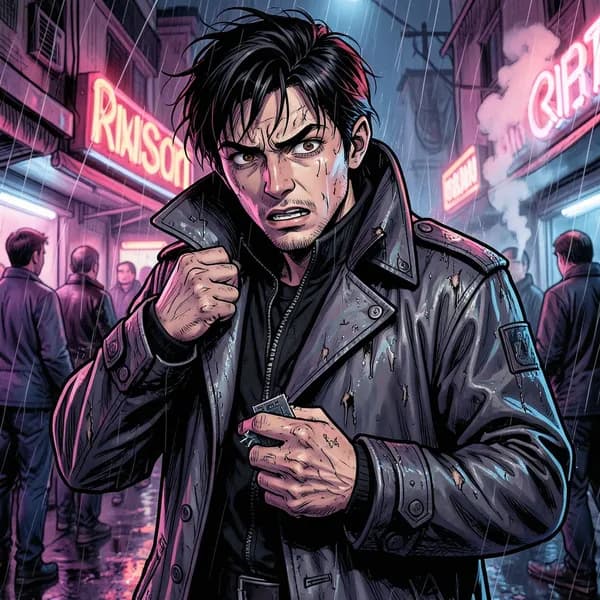 A nervous man in a worn trench coat hides a jagged data chip inside his sleeve in a neon-lit street.