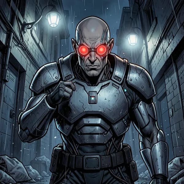 A menacing enforcer with glowing red cybernetic eyes stands in a dark, rain-slicked alleyway, scanning for a signal.