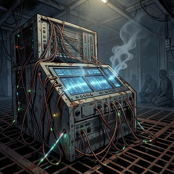 A makeshift altar made of repurposed server terminals and glowing cables in a dark, rusted server farm.