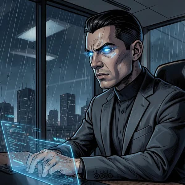 A cold, calculating man in a corporate suit staring at a holographic terminal.