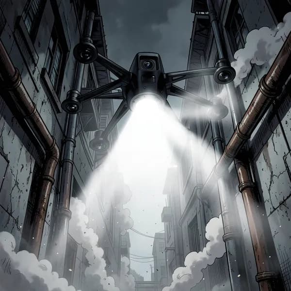 A menacing surveillance drone hovering in a smog-filled alleyway, its searchlight cutting through the darkness.