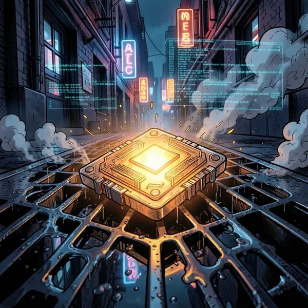 A glowing, unstable data chip resting on a wet metal grate with holographic data streams.
