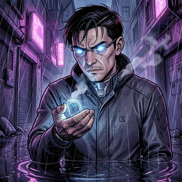 A cybernetic man stands in a dark alleyway, holding a glowing data chip in his hand as rain falls around him.