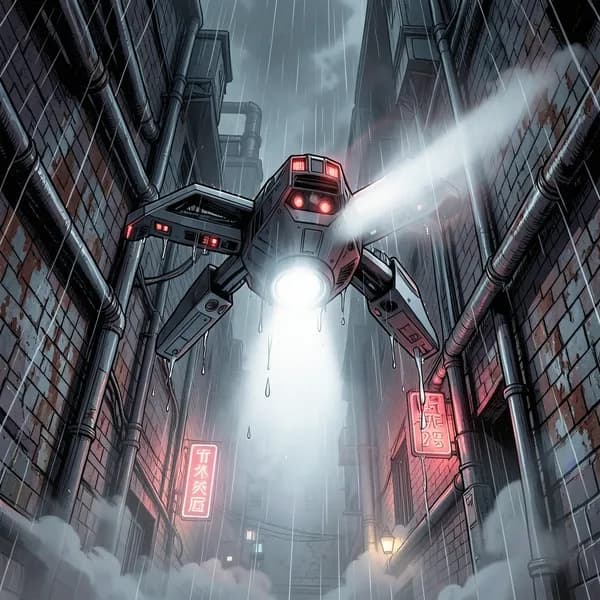 A menacing corporate security drone hovers in a dark, rain-swept alley, its searchlight cutting through the smog.